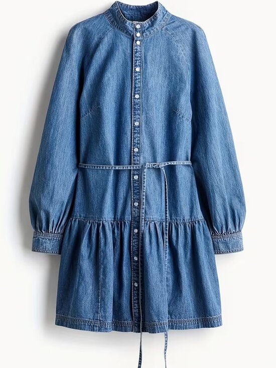 Dresses & Skirts - Lantern Sleeve Waist Tie Denim Dress